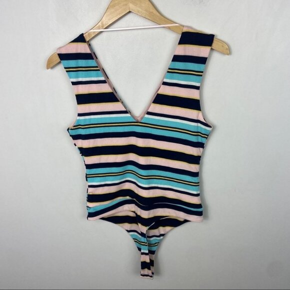 NEW Nordstrom AFRM Striped Bodysuit Double V Light Pastel Pink Blue Retro Medium - Picture 16 of 16